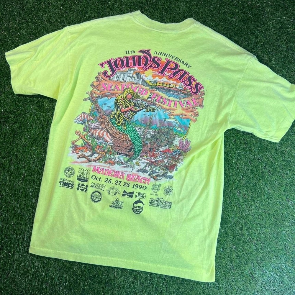 Vintage 1996 Johns Pass Seafood Festival Mermaid Graphic Tee USA Mens XL Neon